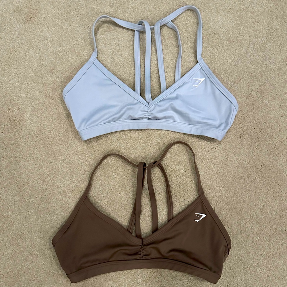 Gymshark minimal sports bra in light grey and soul brown, size M